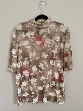 Vintage St. John Sport Burnout Velvet Floral Mesh Mock Neck Top Romantic Y2K SM